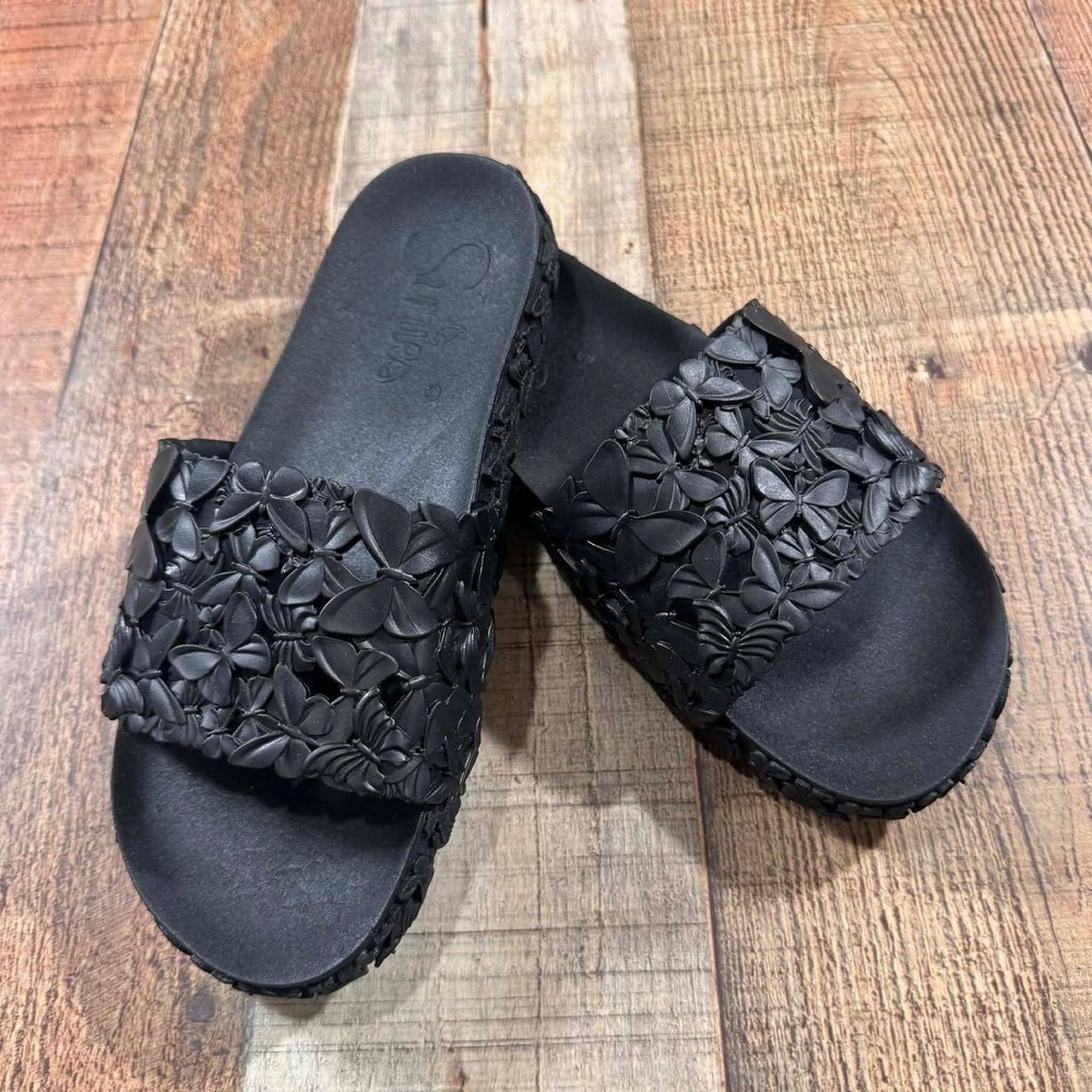 Sunies Black Butterfly Eco-Friendly Slide Sandals Women's Size 6 US 36 EU